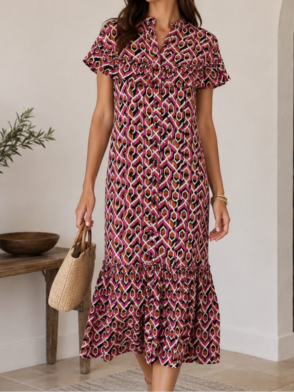 Corey Lynn Calter Pink Black Orange Geometric Ruffle Maxi Dress